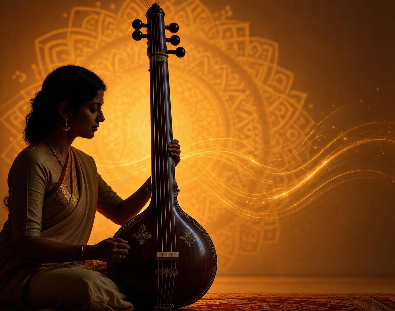 Ultra-realistic tanpura against a warm saffron backdrop