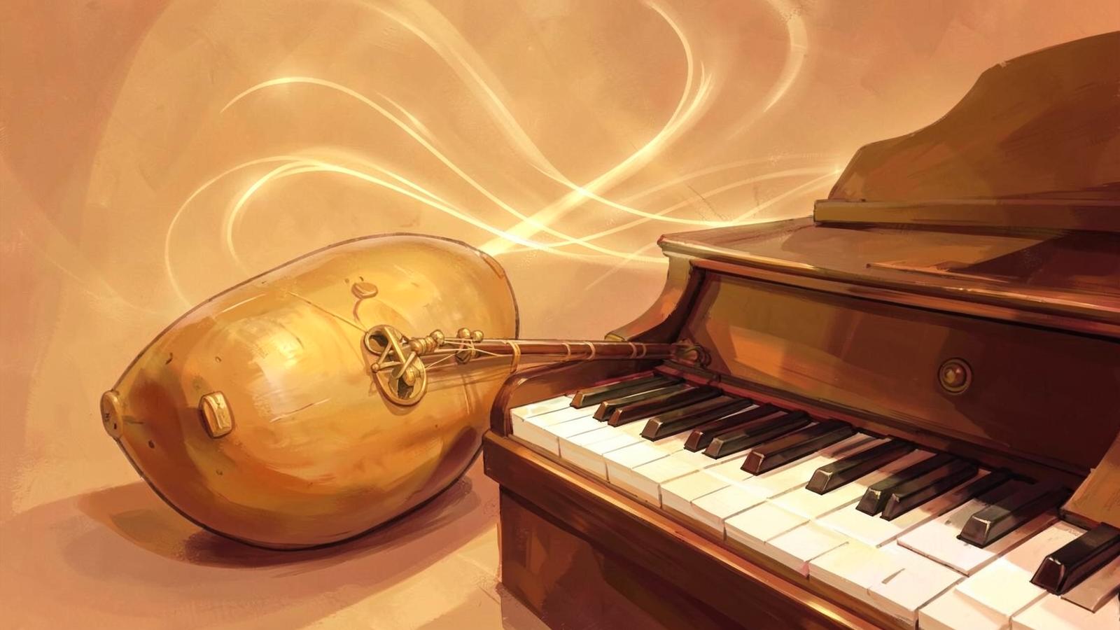 A tanpura resting beside a piano keyboard